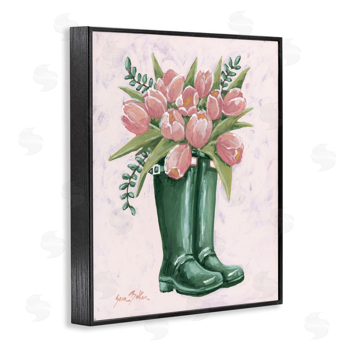 Pink Tulips in Boots Black Frame Print Wall Art, Home Decor by Sara Baker