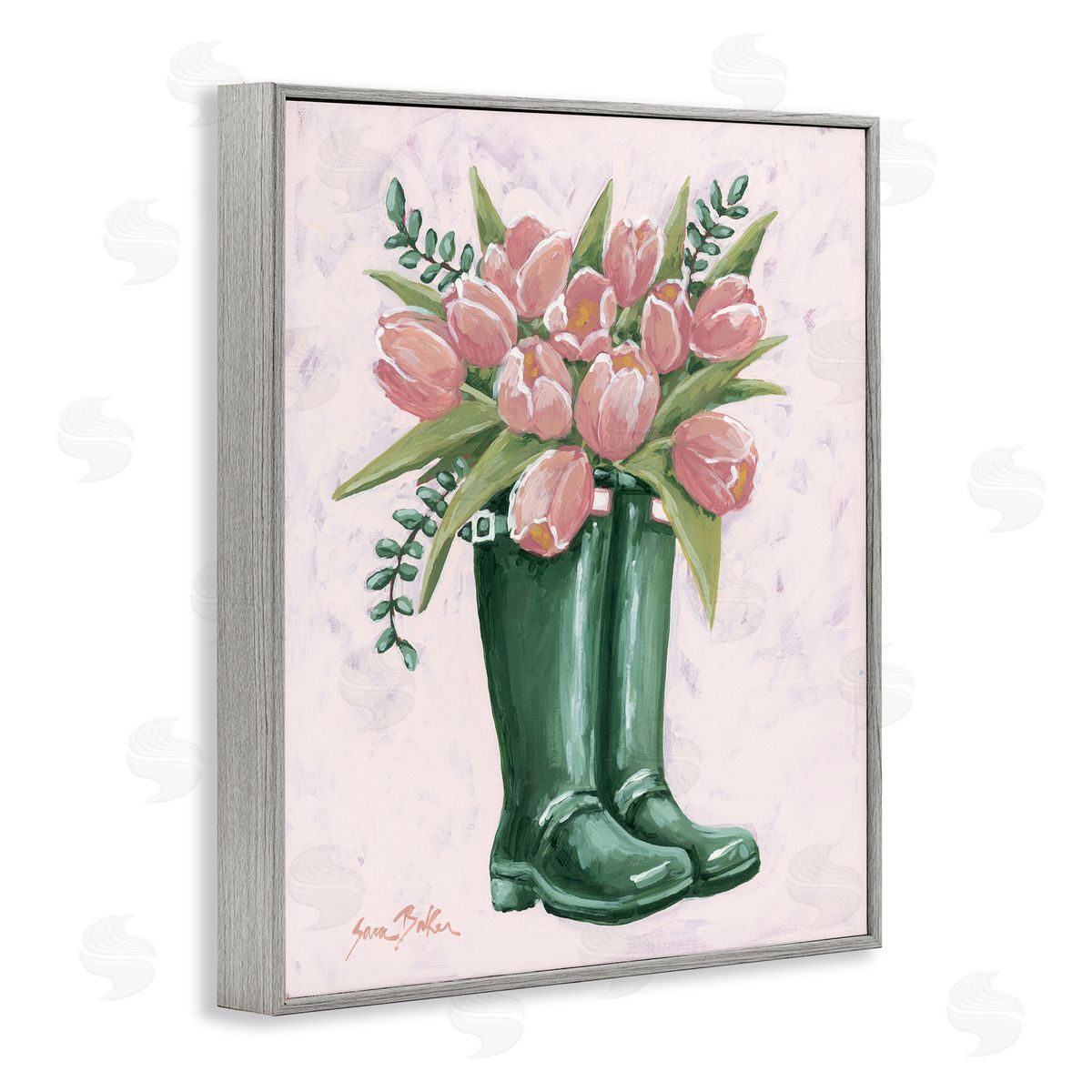 Pink Tulips in Boots Grey Frame Print Wall Art, Home Decor by Sara Baker