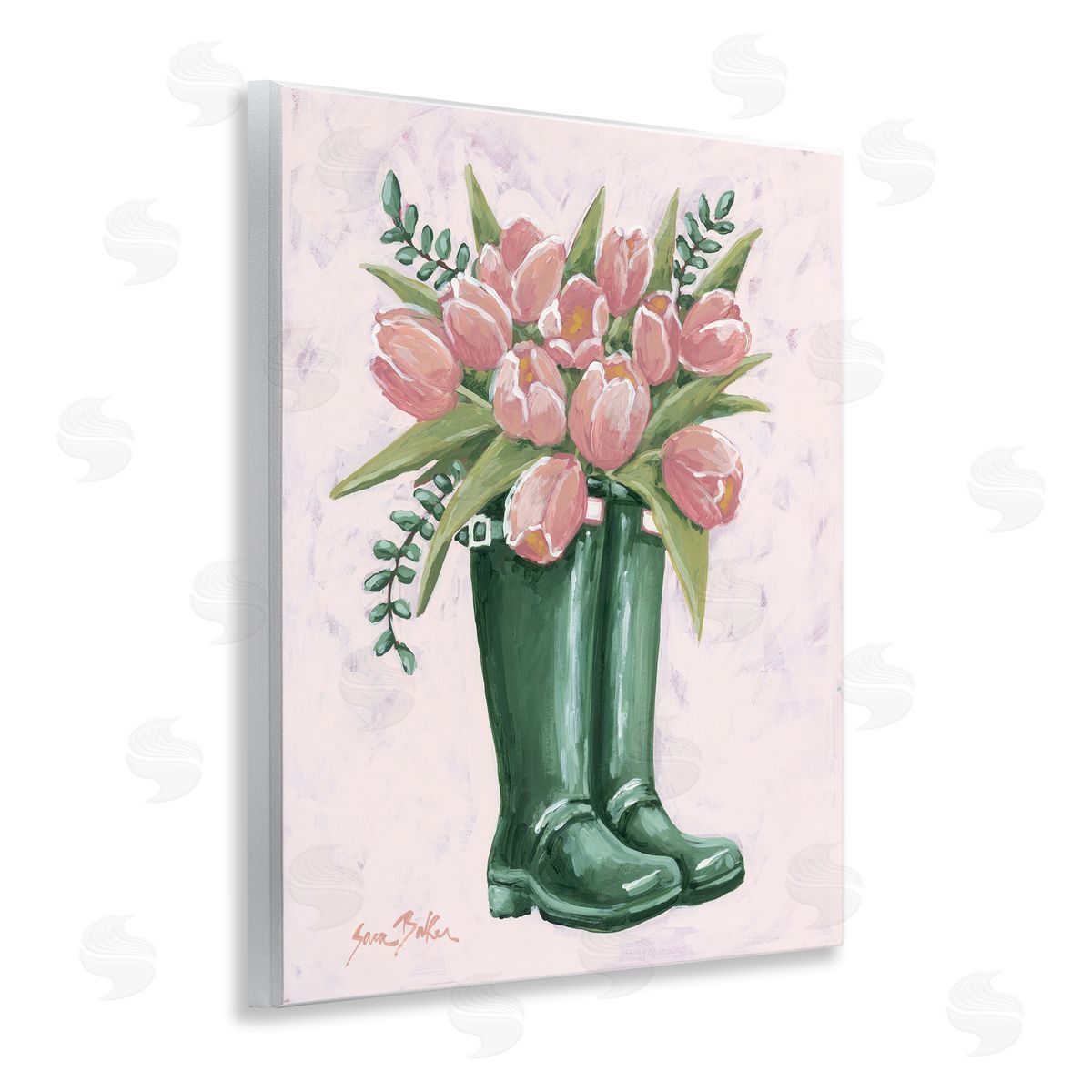 Pink Tulips in Boots Wood Plaque Wall Art, Home Decor by Sara Baker