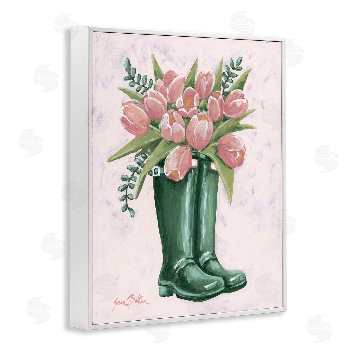 Pink Tulips in Boots White Frame Print Wall Art, Home Decor by Sara Baker