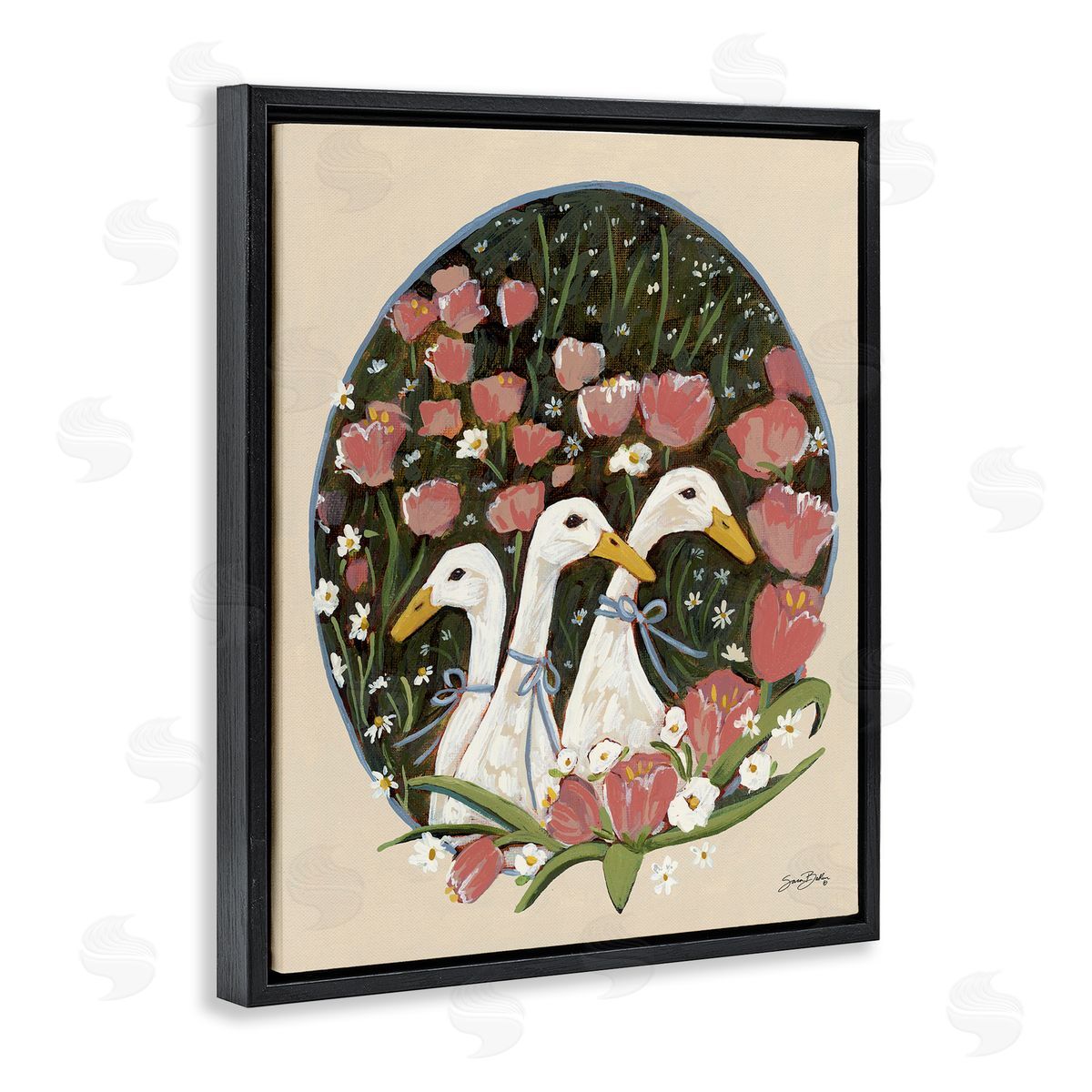 Ducks with Cottage Blooms Black Floating Frame Canvas Wall Art, Home Decor by Sara Baker