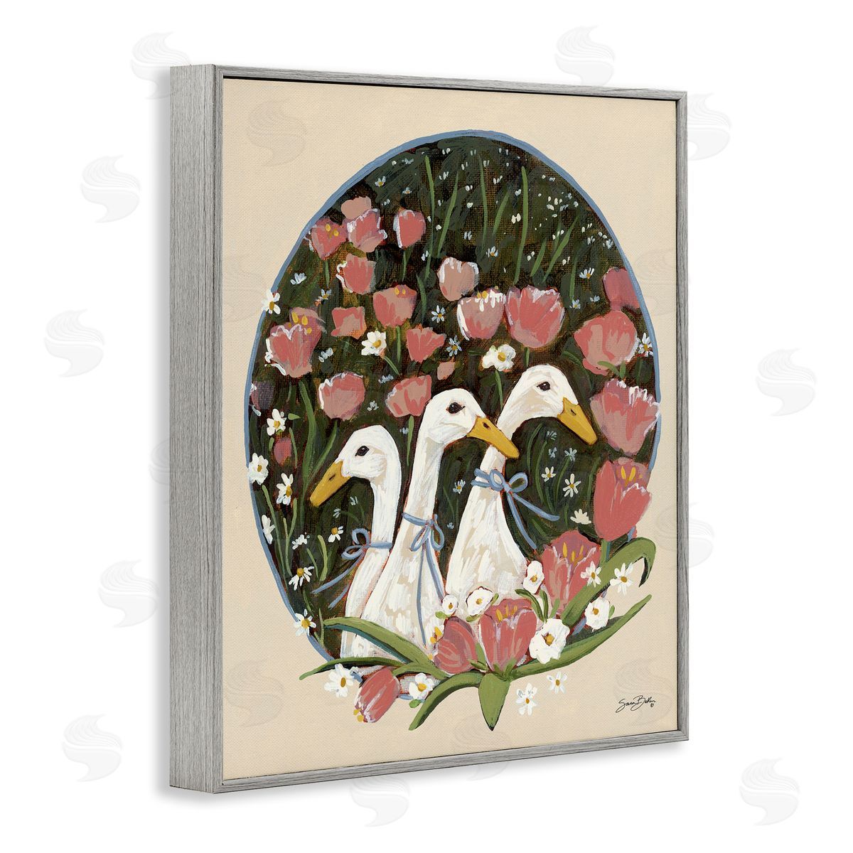 Ducks with Cottage Blooms Grey Frame Print Wall Art, Home Decor by Sara Baker