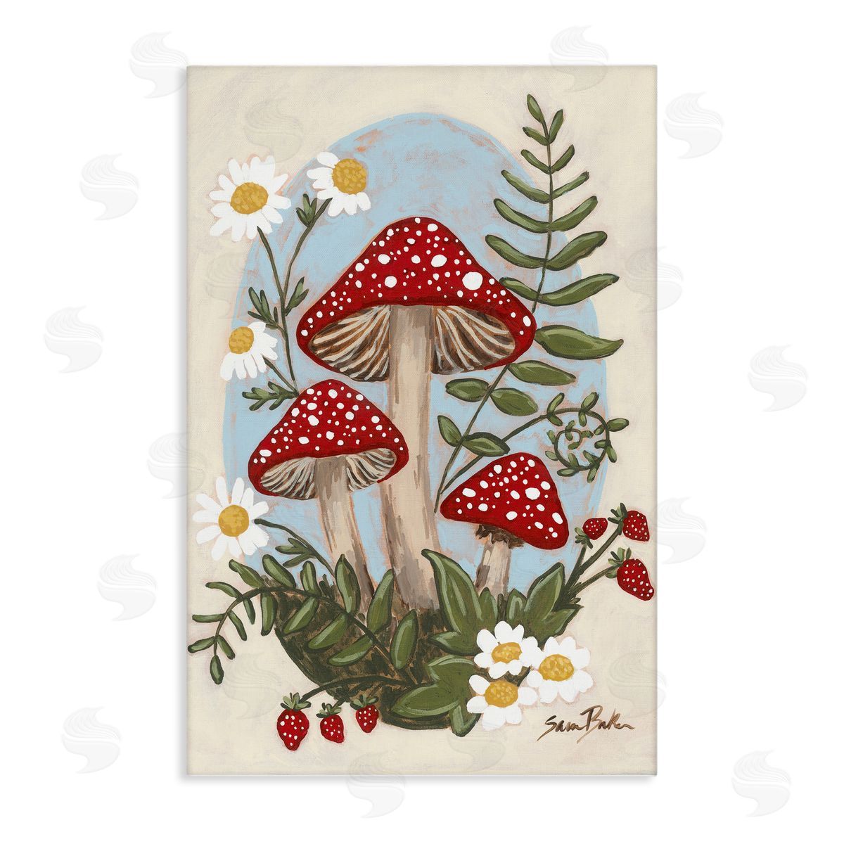 Cottage Mushrooms & Blooms Canvas Wall Art, Home Decor by Sara Baker