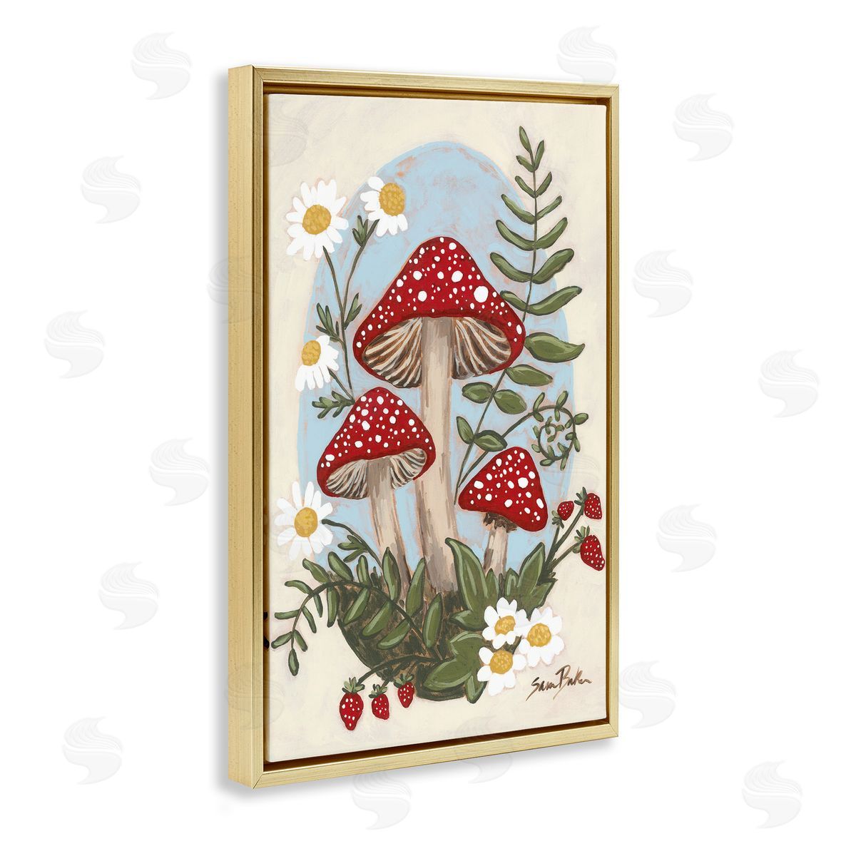 Cottage Mushrooms & Blooms Gold Floating Frame Canvas Wall Art, Home Decor by Sara Baker