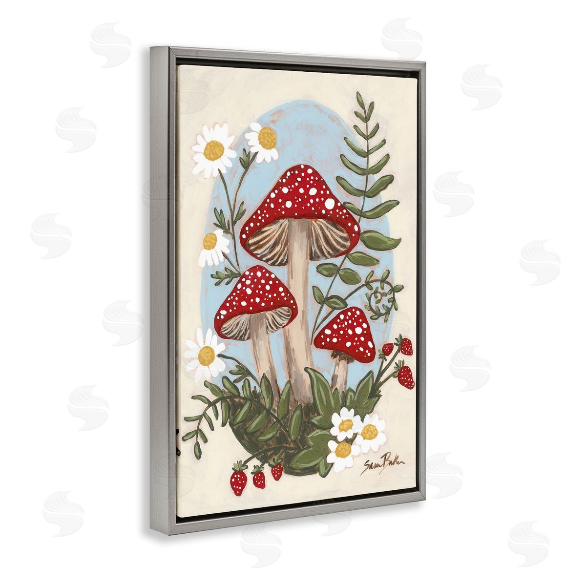 Cottage Mushrooms & Blooms Grey Floating Frame Canvas Wall Art, Home Decor by Sara Baker