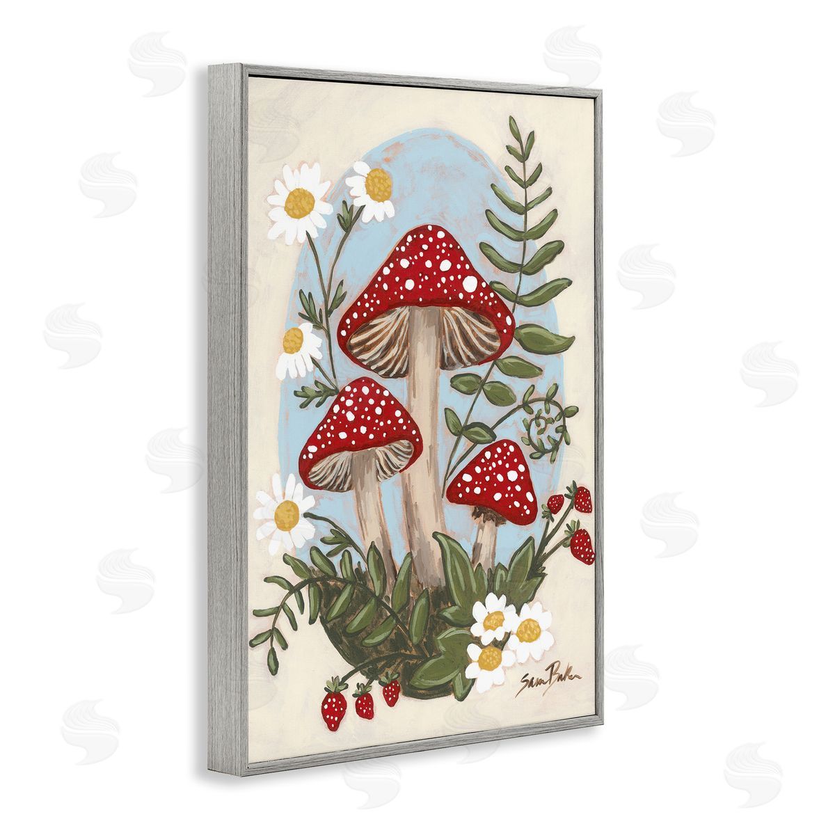 Cottage Mushrooms & Blooms Grey Frame Print Wall Art, Home Decor by Sara Baker