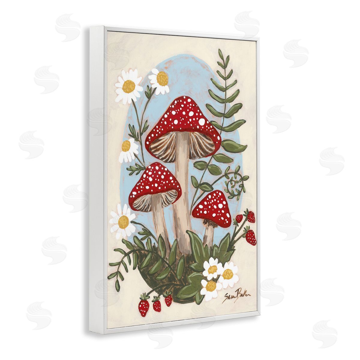 Cottage Mushrooms & Blooms White Frame Print Wall Art, Home Decor by Sara Baker