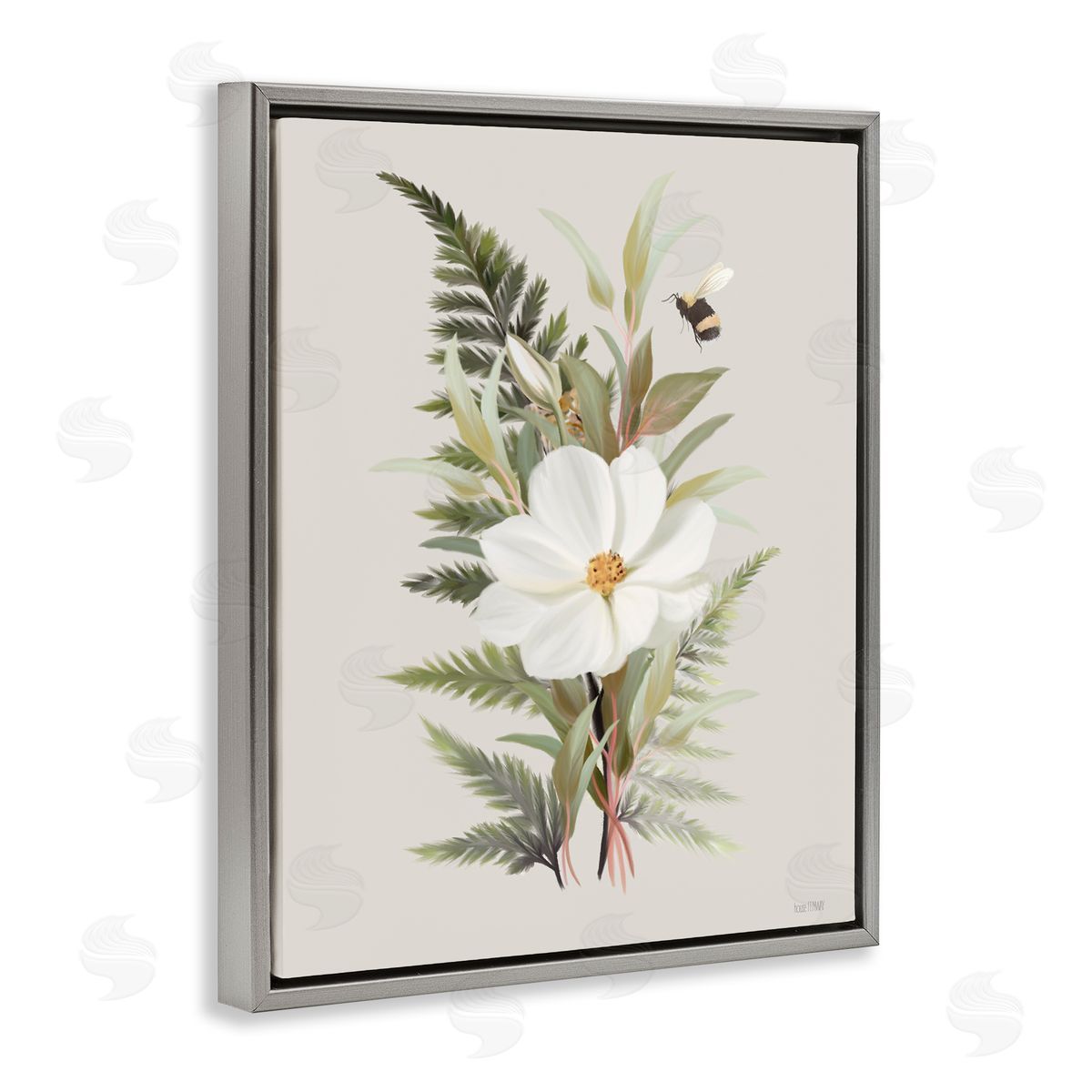 Bumble Bee & Flower Grey Floating Frame Canvas Wall Art, Home Decor by House Fenway