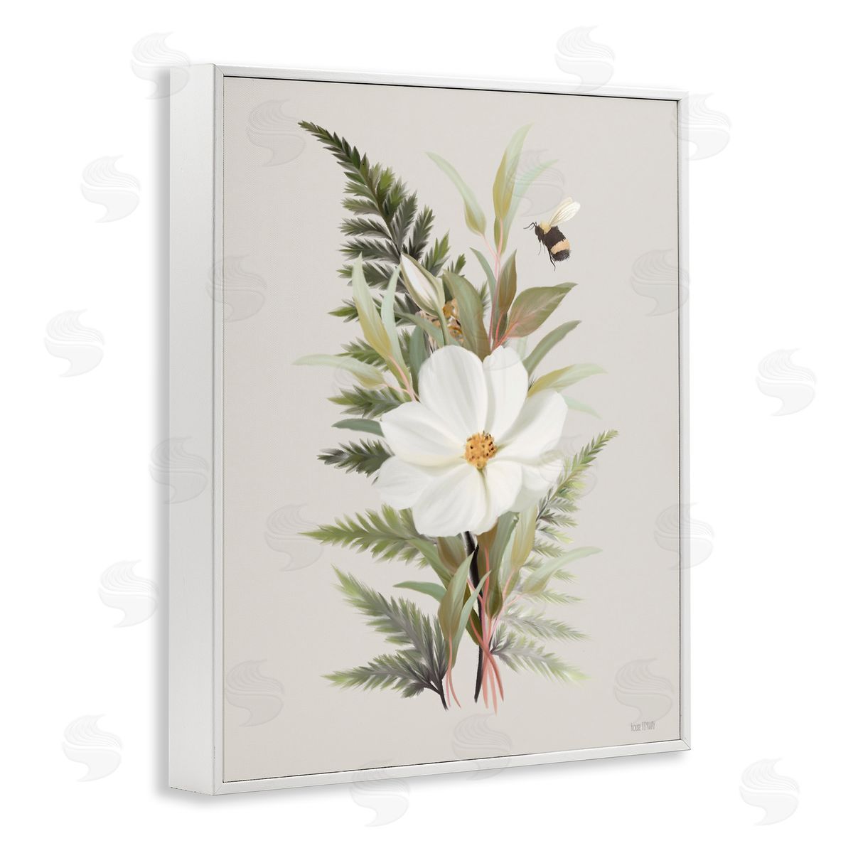 Bumble Bee & Flower White Frame Print Wall Art, Home Decor by House Fenway