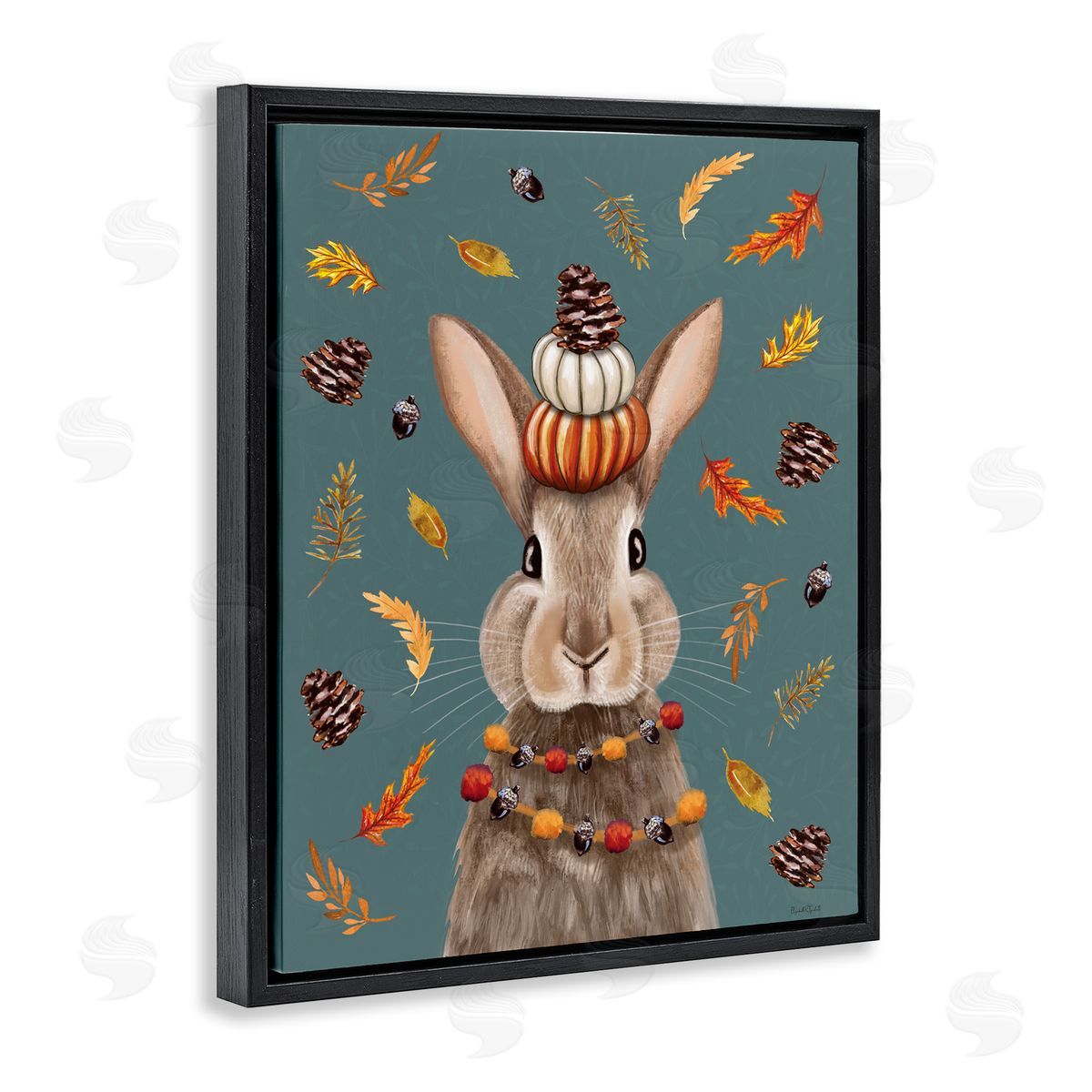 Festive Autumnal Hare Black Floating Frame Canvas Wall Art, Home Decor by Elizabeth Tyndall