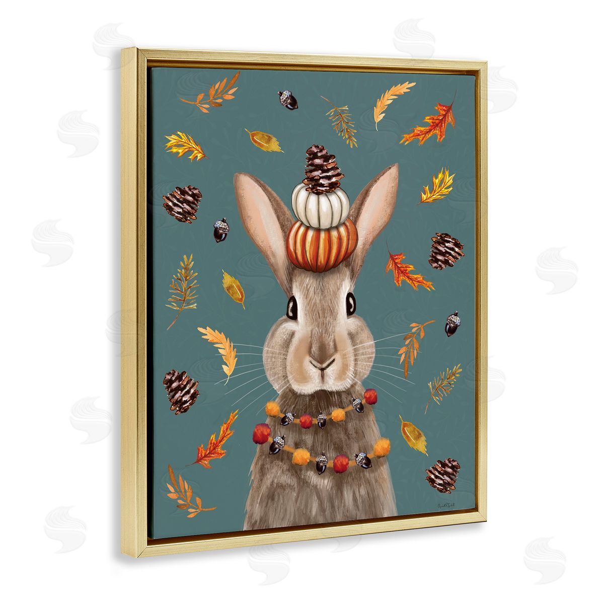 Festive Autumnal Hare Gold Floating Frame Canvas Wall Art, Home Decor by Elizabeth Tyndall