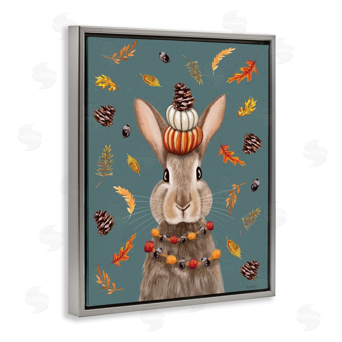 Festive Autumnal Hare Grey Floating Frame Canvas Wall Art, Home Decor by Elizabeth Tyndall