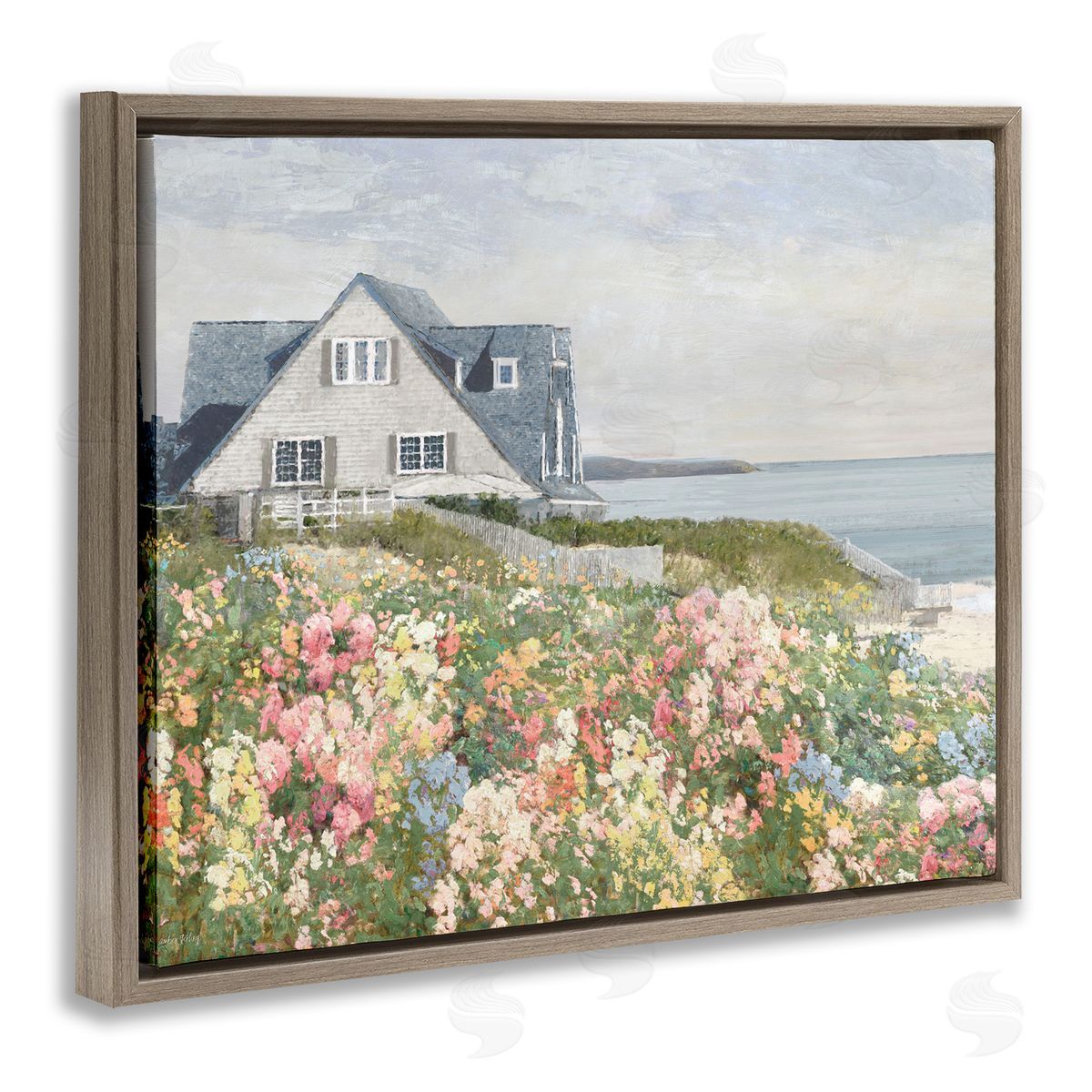 Coastal Cottage Meadow Brown Floating Frame Canvas Wall Art, Home Decor by Amber Sterling