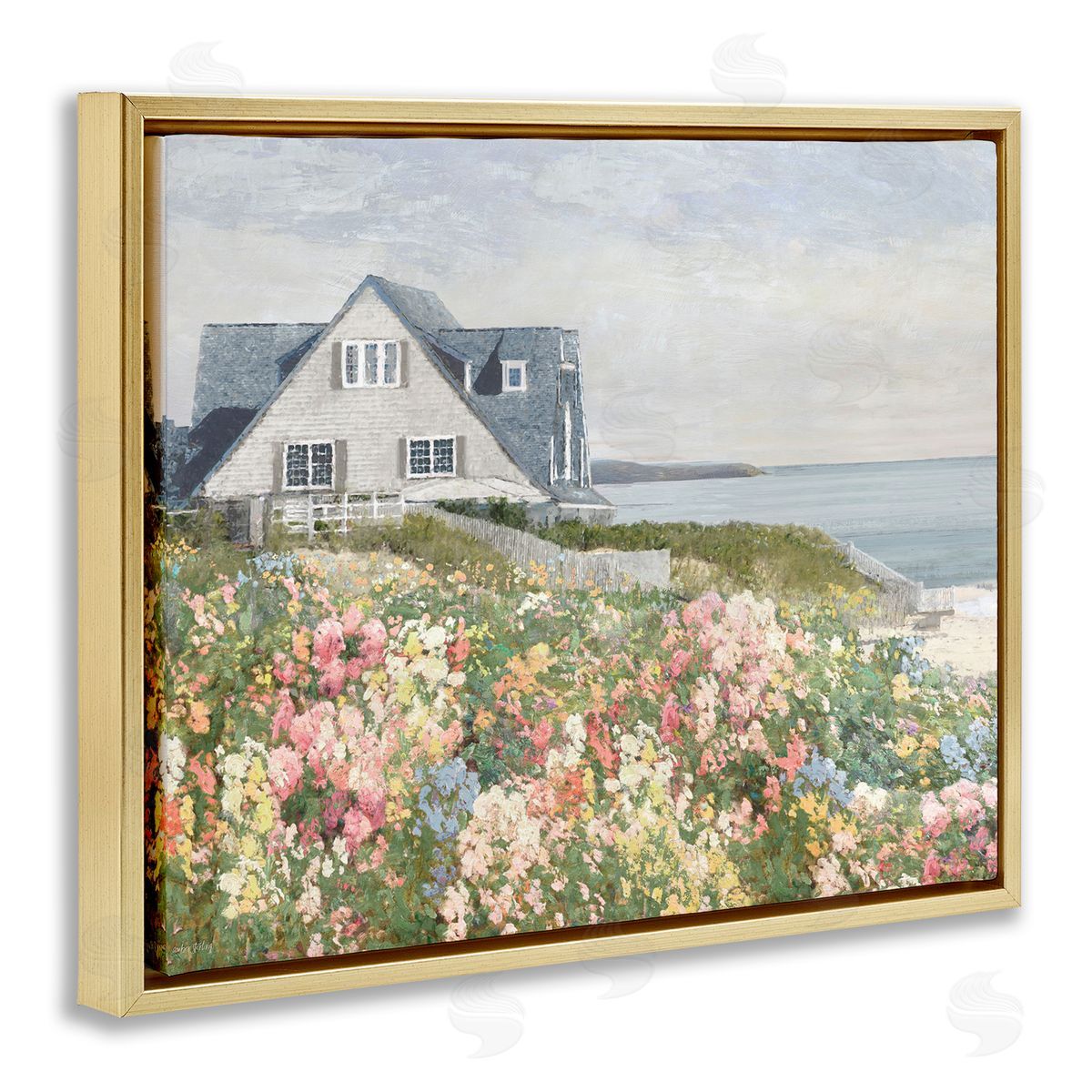 Coastal Cottage Meadow Gold Floating Frame Canvas Wall Art, Home Decor by Amber Sterling