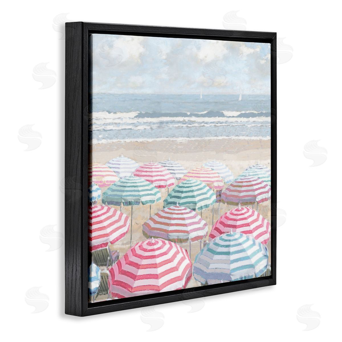 Bright Beach Umbrellas Scene Black Floating Frame Canvas Wall Art, Home Decor by Amber Sterling