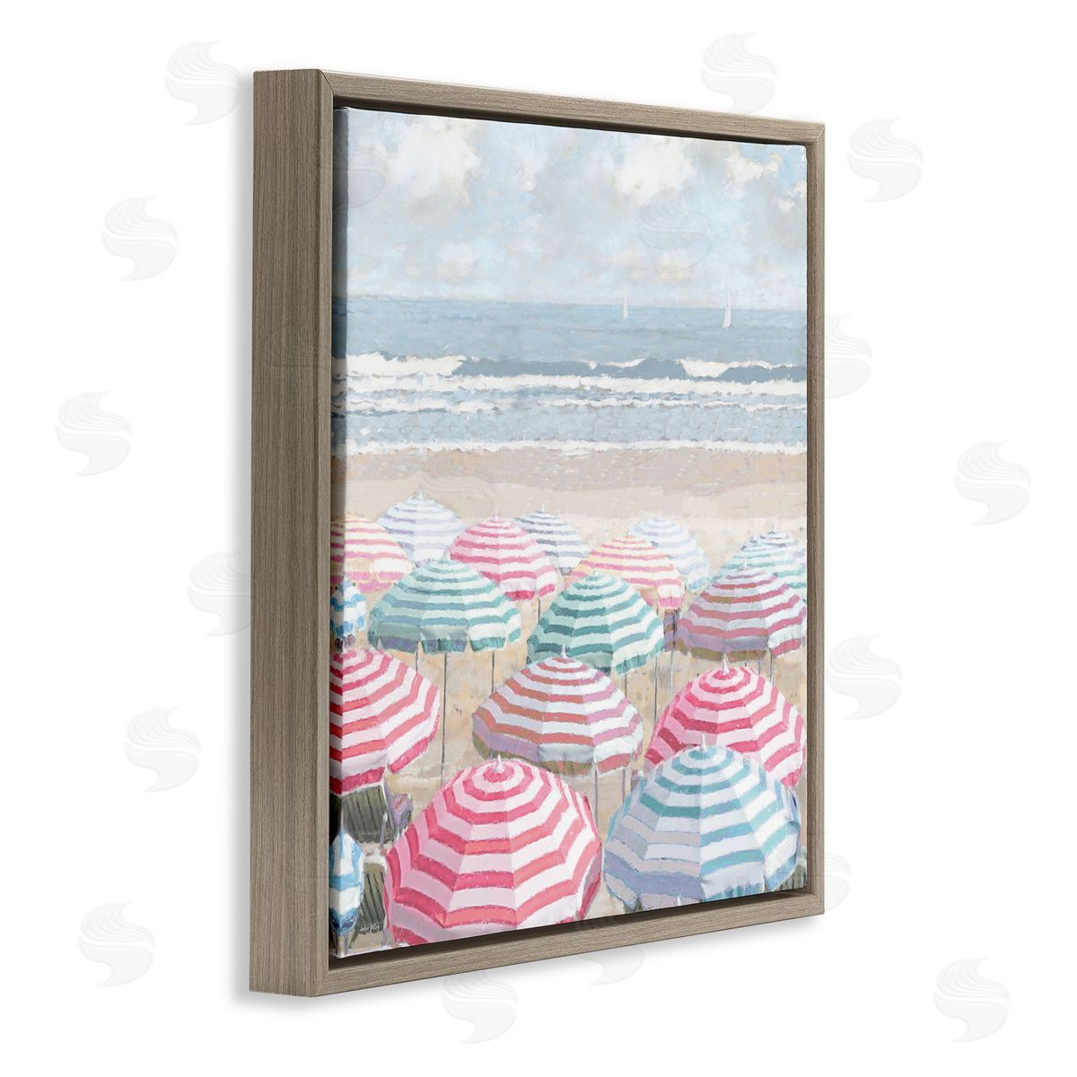Bright Beach Umbrellas Scene Brown Floating Frame Canvas Wall Art, Home Decor by Amber Sterling