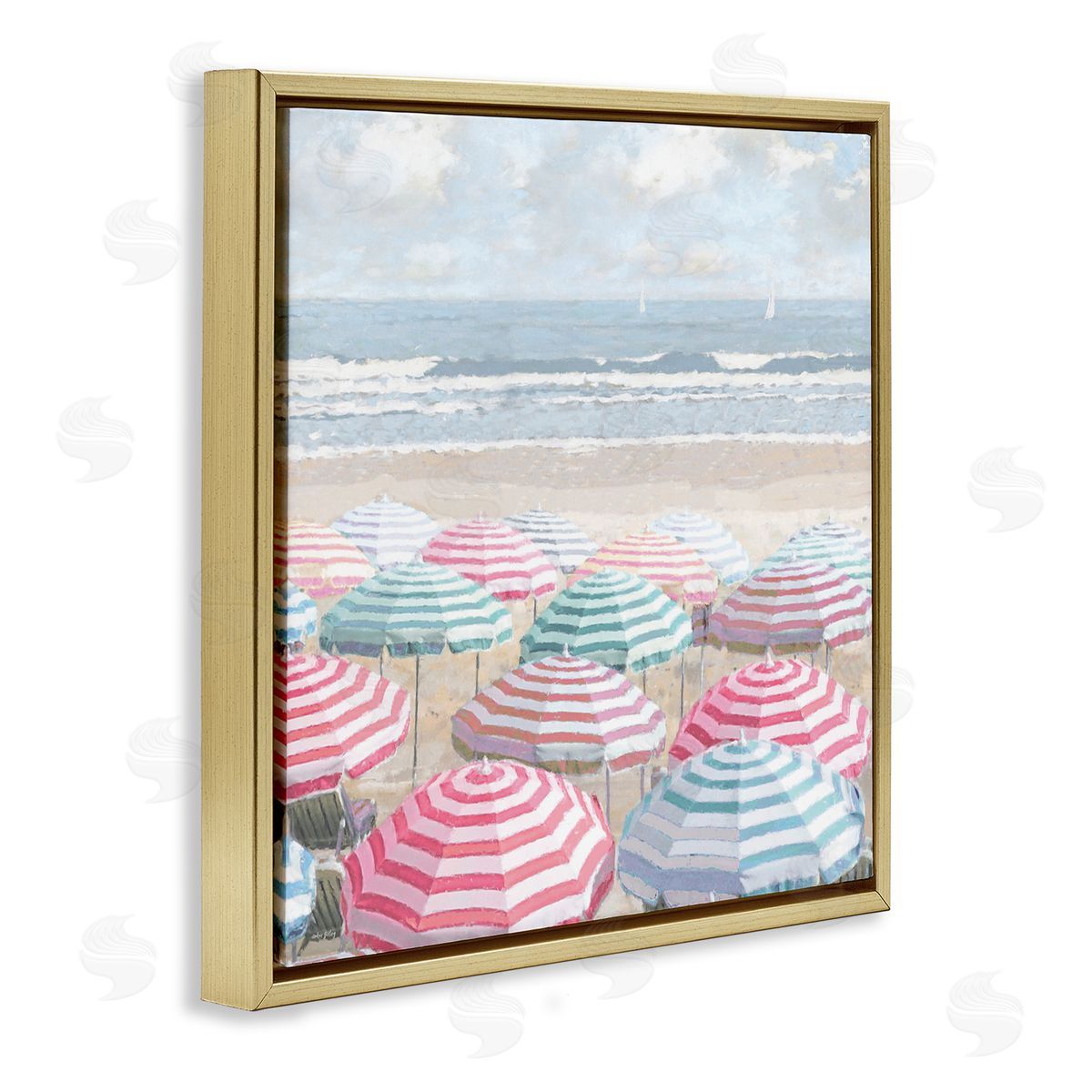 Bright Beach Umbrellas Scene Gold Floating Frame Canvas Wall Art, Home Decor by Amber Sterling