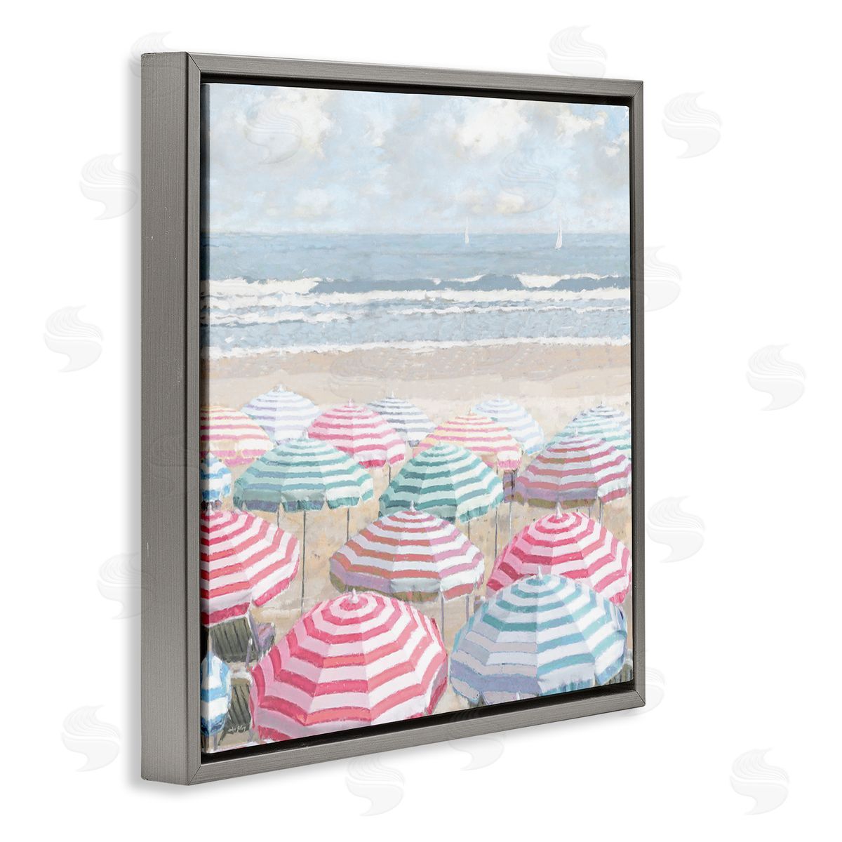 Bright Beach Umbrellas Scene Grey Floating Frame Canvas Wall Art, Home Decor by Amber Sterling