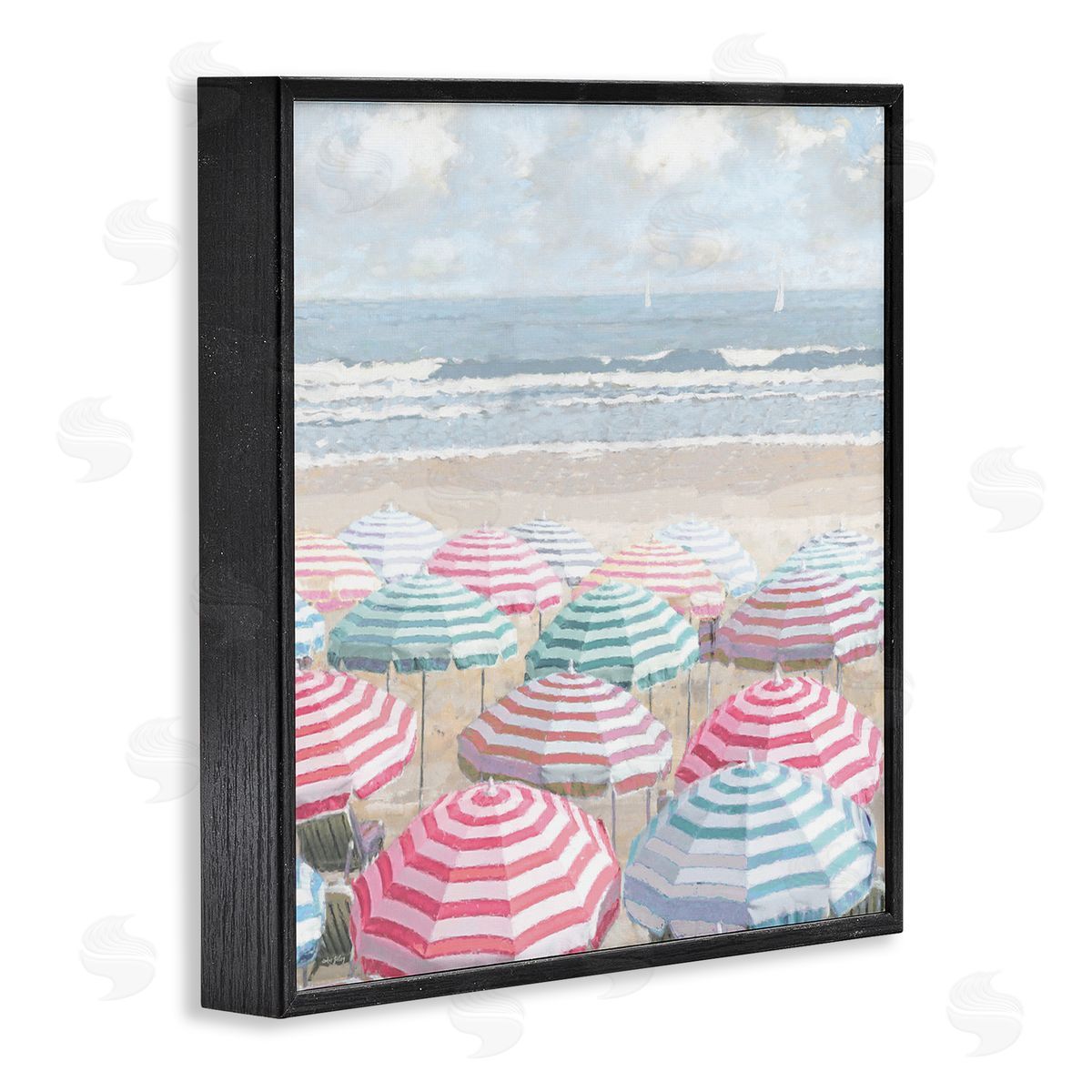 Bright Beach Umbrellas Scene Black Frame Print Wall Art, Home Decor by Amber Sterling