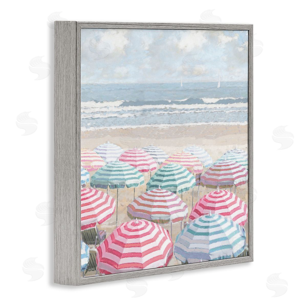 Bright Beach Umbrellas Scene Grey Frame Print Wall Art, Home Decor by Amber Sterling