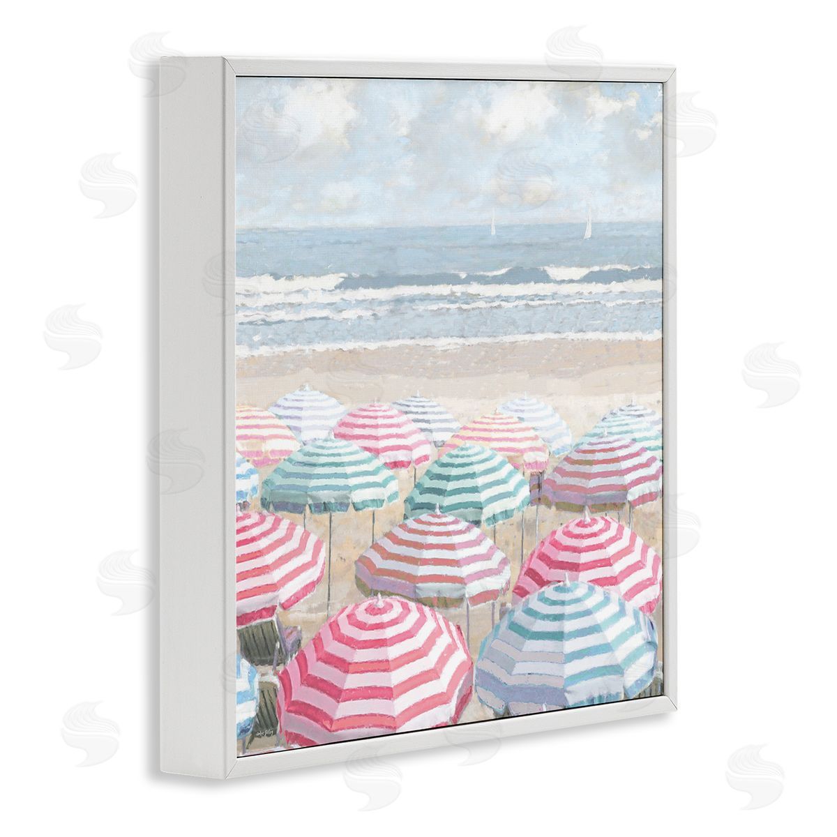 Bright Beach Umbrellas Scene White Frame Print Wall Art, Home Decor by Amber Sterling