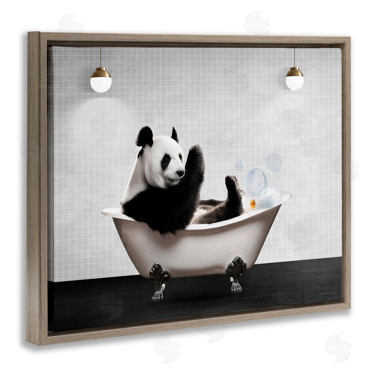 Panda in Modern Bubble Bath Brown Floating Frame Canvas Wall Art, Home Decor by Seven Trees Design