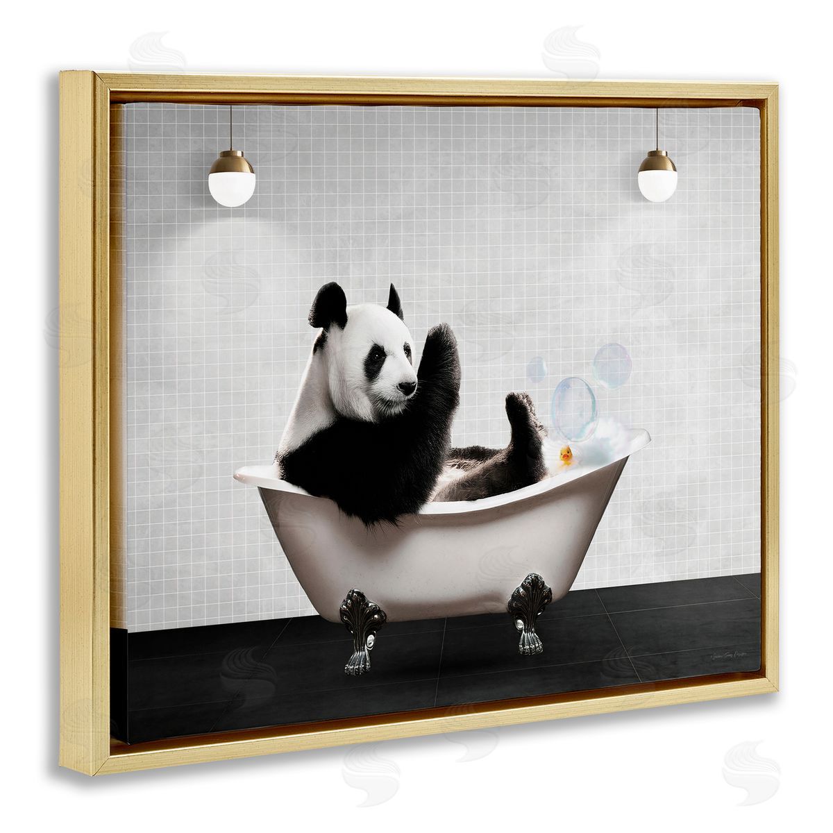 Panda in Modern Bubble Bath Gold Floating Frame Canvas Wall Art, Home Decor by Seven Trees Design
