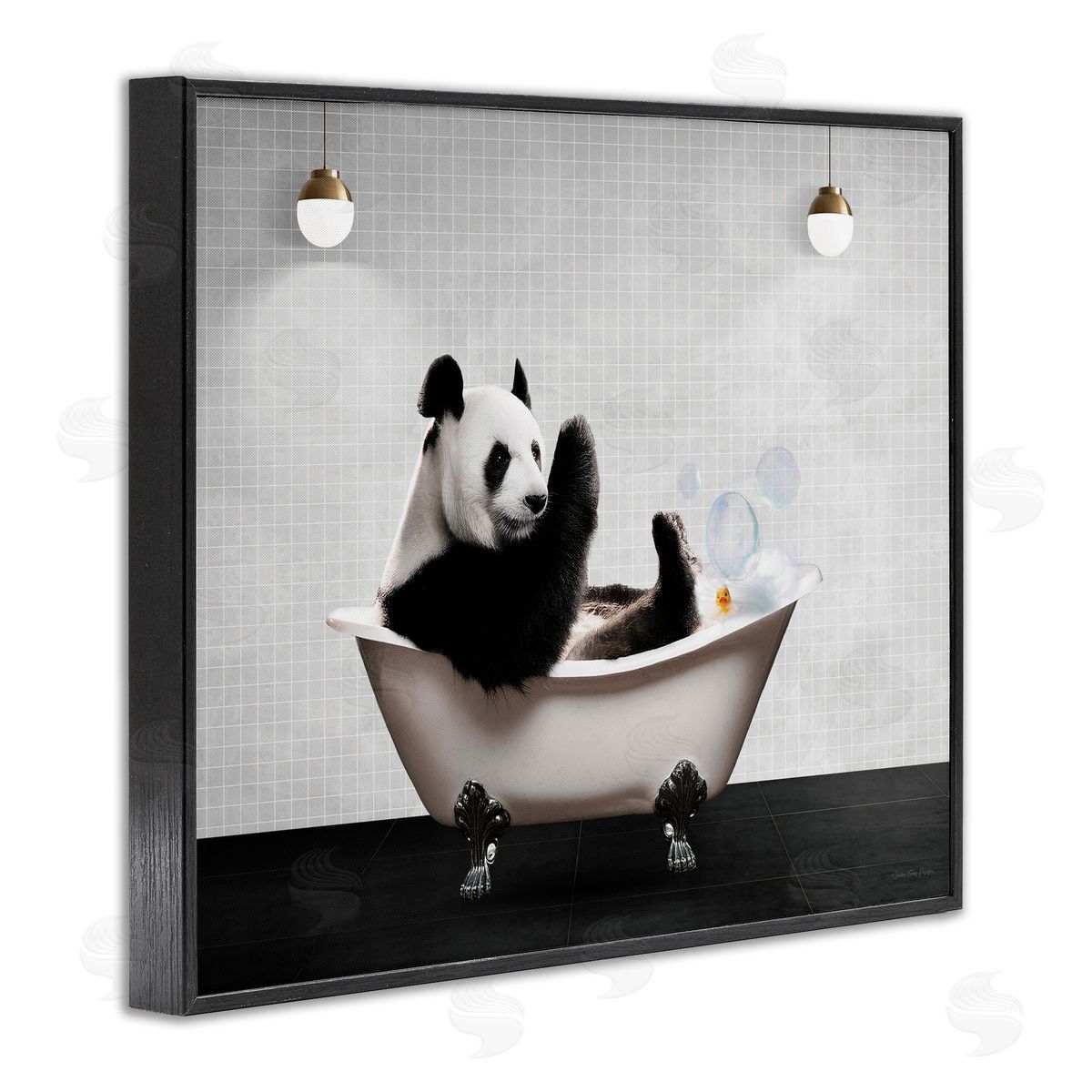 Panda in Modern Bubble Bath Black Frame Print Wall Art, Home Decor by Seven Trees Design