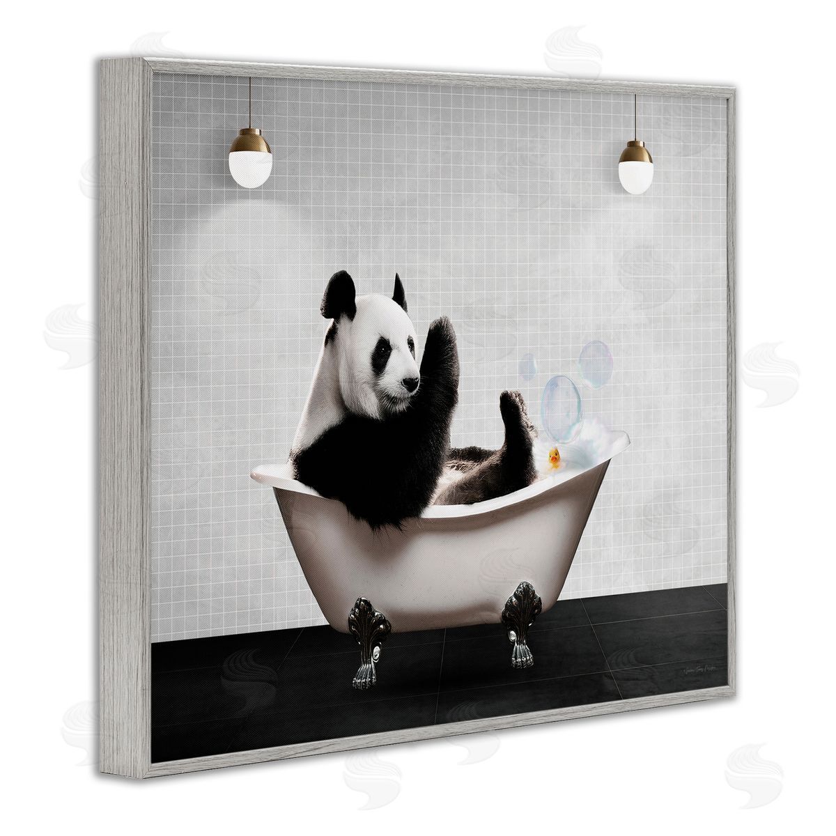 Panda in Modern Bubble Bath Grey Frame Print Wall Art, Home Decor by Seven Trees Design