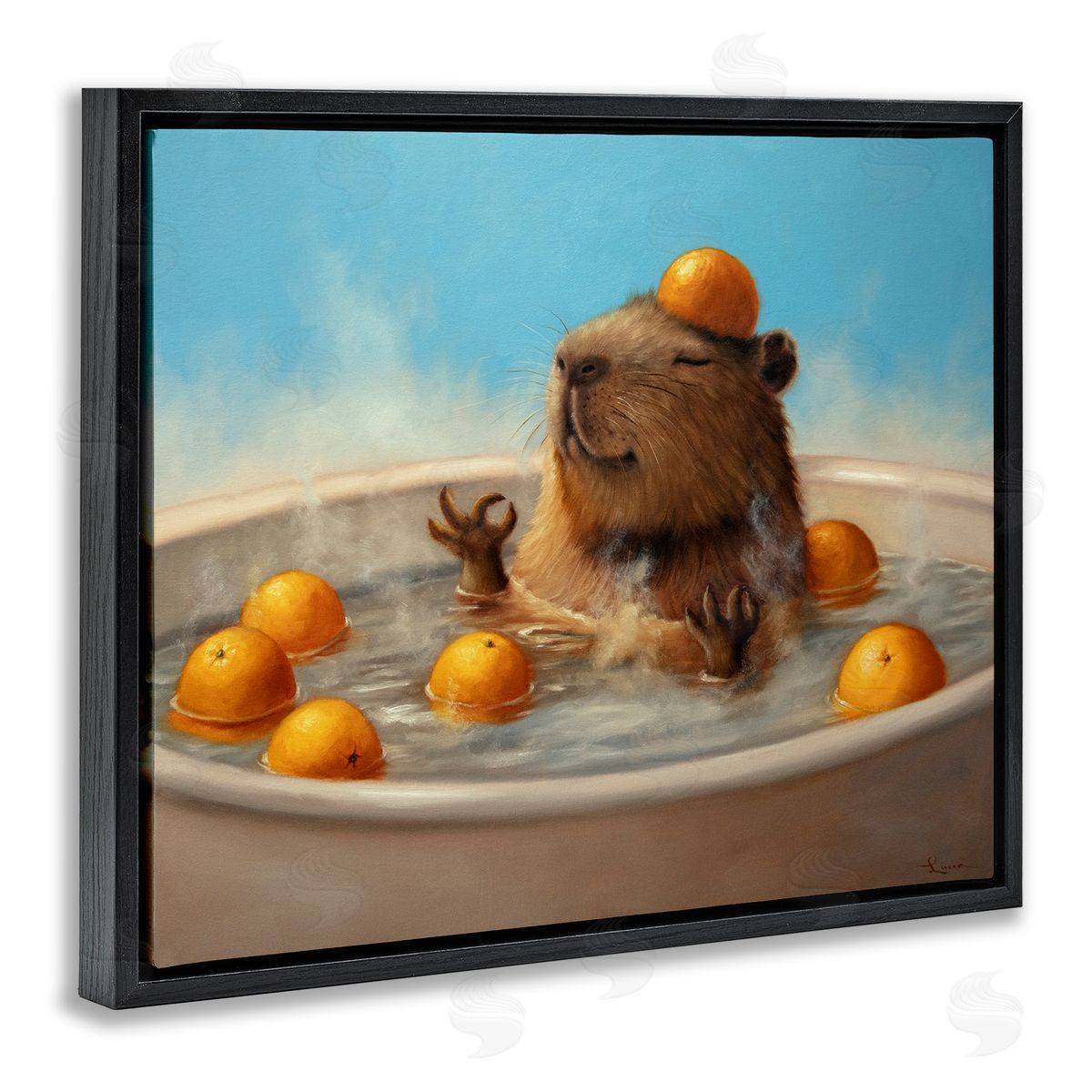Capybara in Orange Bath Black Floating Frame Canvas Wall Art, Home Decor by Lucia Heffernan