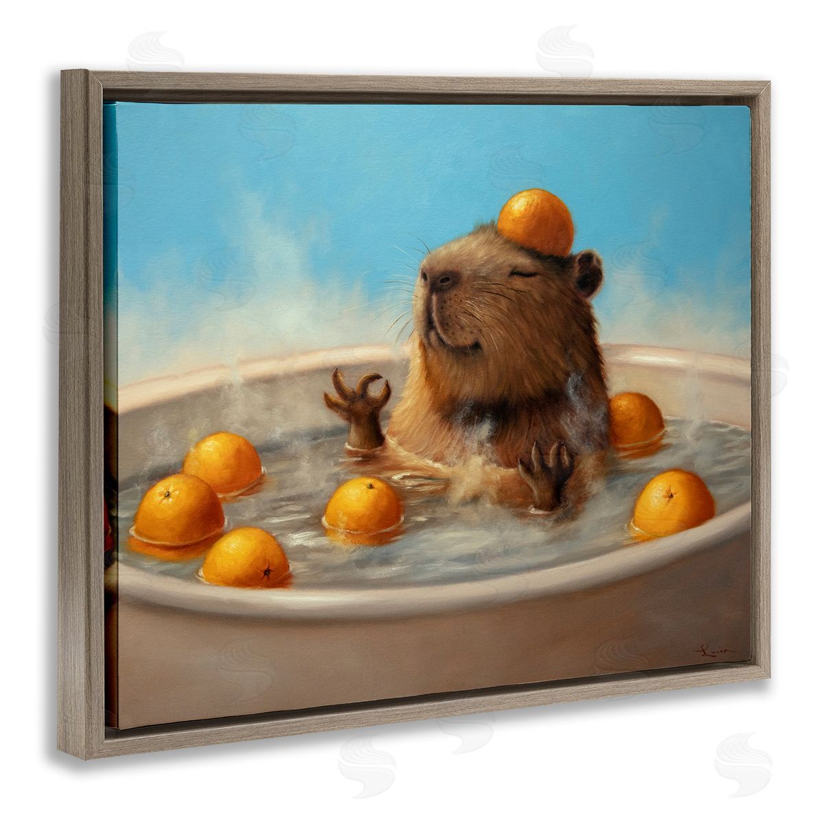 Capybara in Orange Bath Brown Floating Frame Canvas Wall Art, Home Decor by Lucia Heffernan