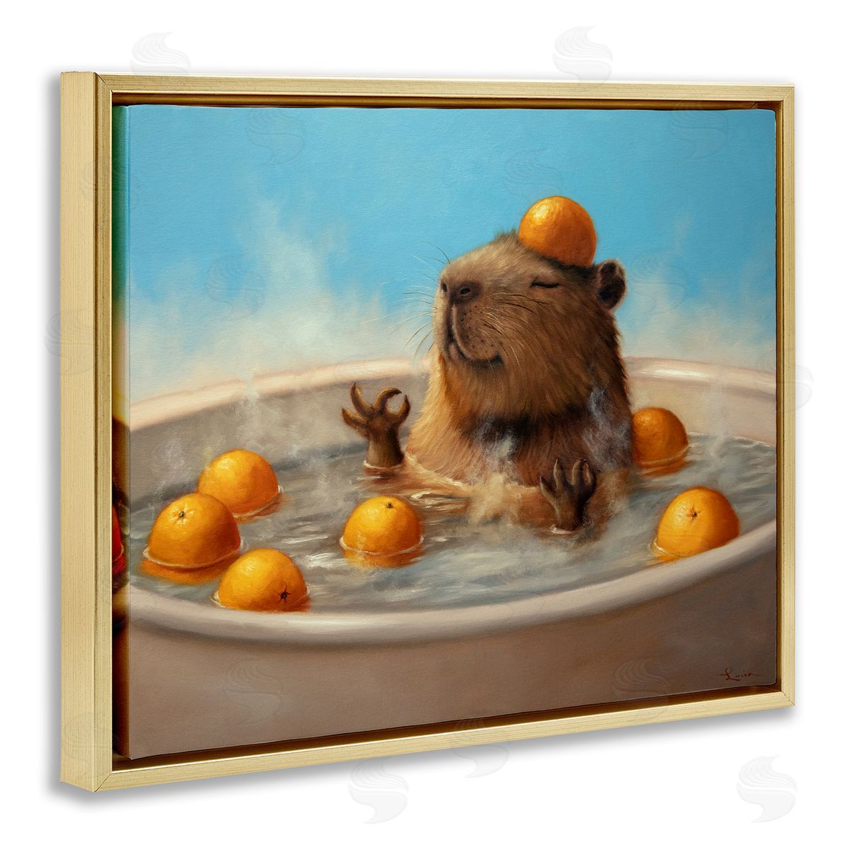 Capybara in Orange Bath Gold Floating Frame Canvas Wall Art, Home Decor by Lucia Heffernan