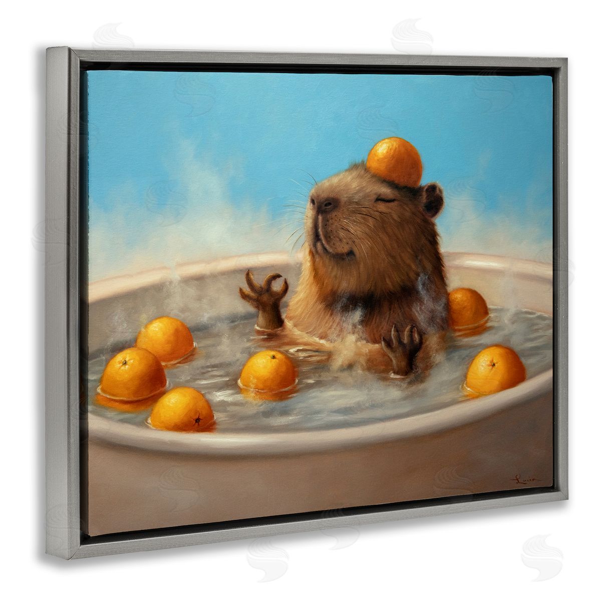 Capybara in Orange Bath Grey Floating Frame Canvas Wall Art, Home Decor by Lucia Heffernan
