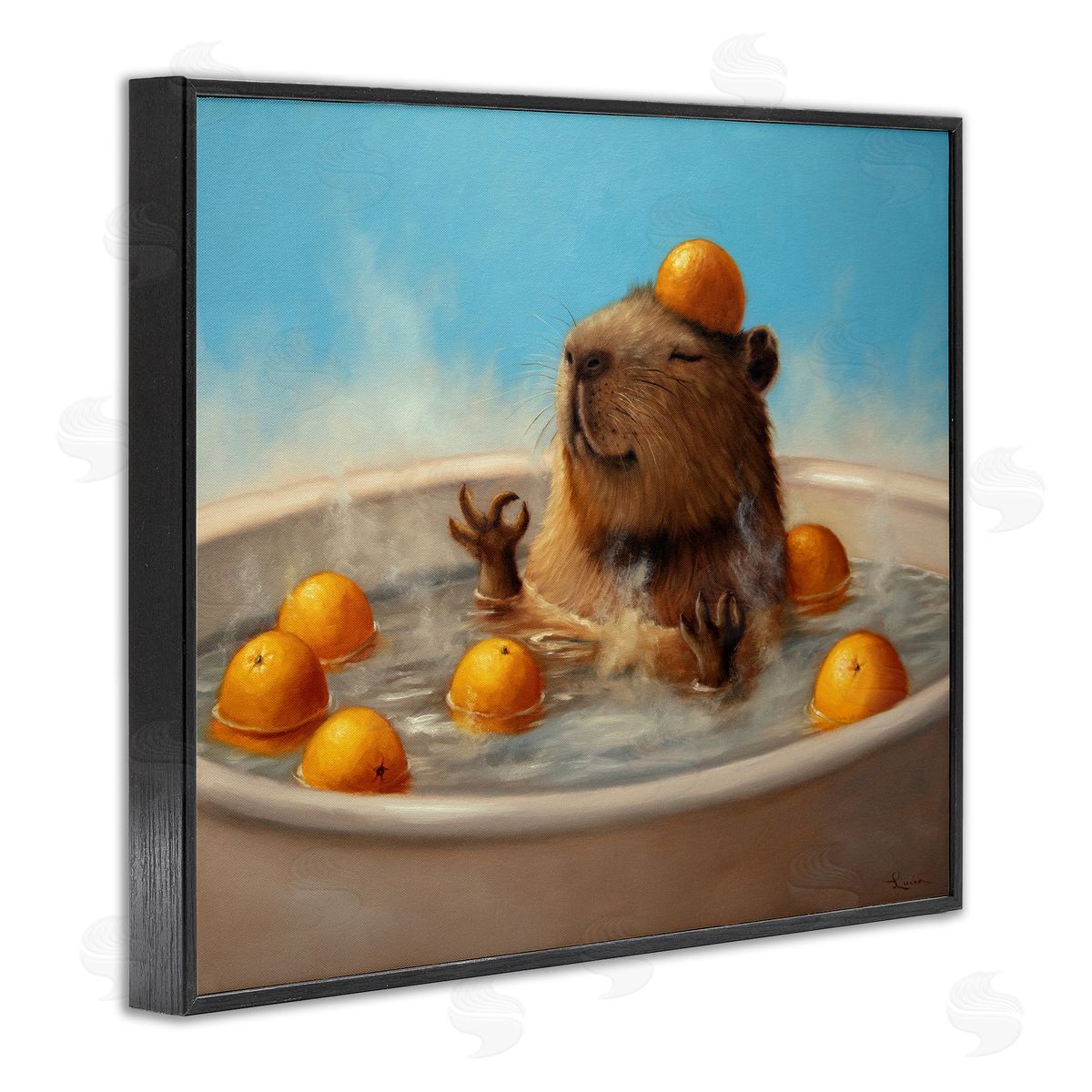 Capybara in Orange Bath Black Frame Print Wall Art, Home Decor by Lucia Heffernan