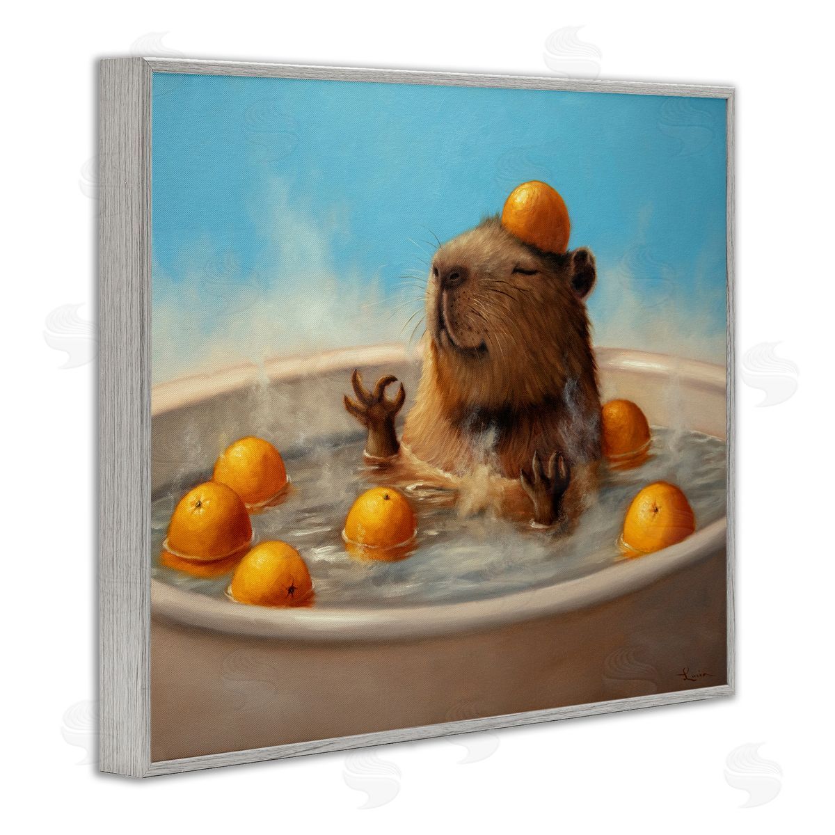 Capybara in Orange Bath Grey Frame Print Wall Art, Home Decor by Lucia Heffernan