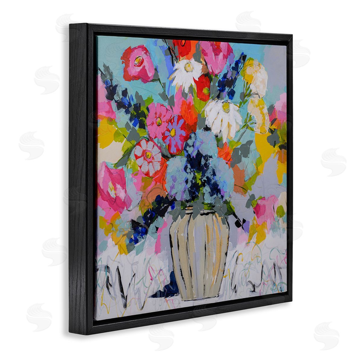 Modern Bright Bouquet Black Floating Frame Canvas Wall Art, Home Decor by Joan Curtis