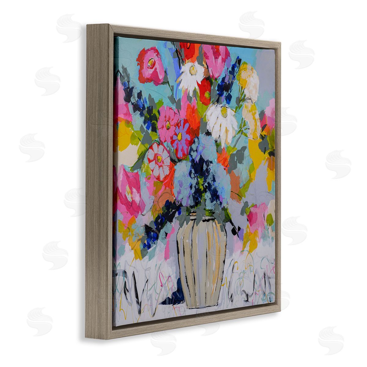 Modern Bright Bouquet Brown Floating Frame Canvas Wall Art, Home Decor by Joan Curtis