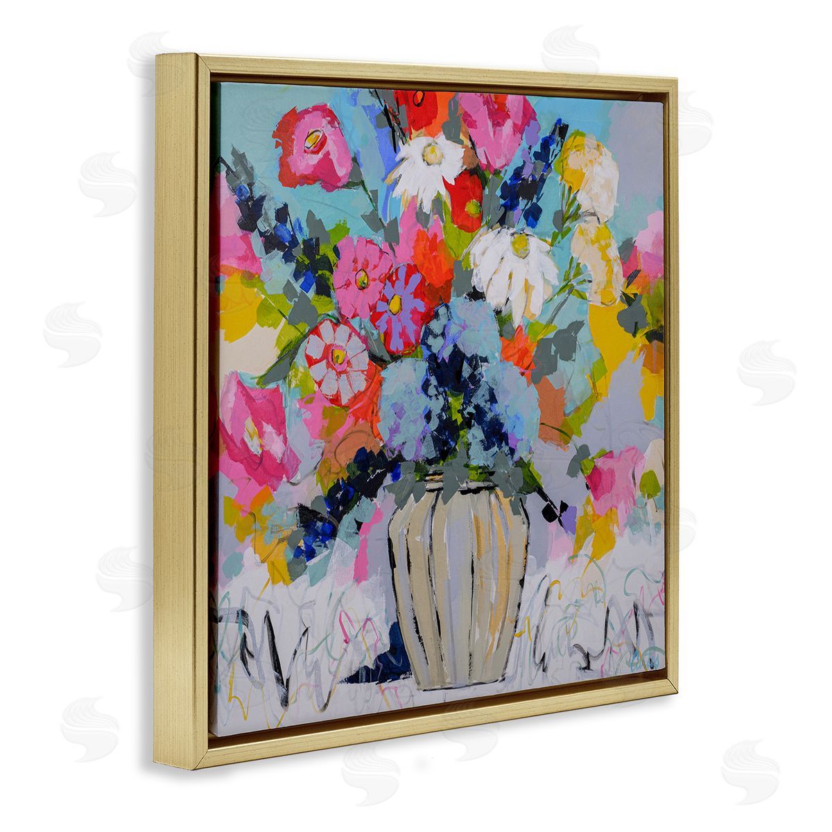 Modern Bright Bouquet Gold Floating Frame Canvas Wall Art, Home Decor by Joan Curtis