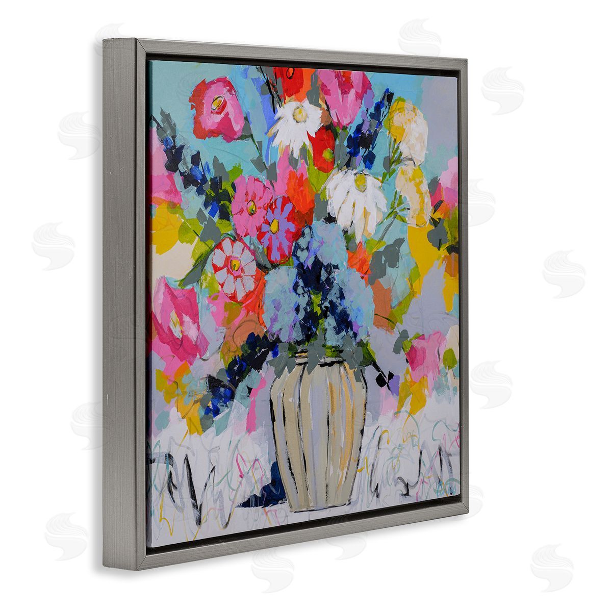 Modern Bright Bouquet Grey Floating Frame Canvas Wall Art, Home Decor by Joan Curtis