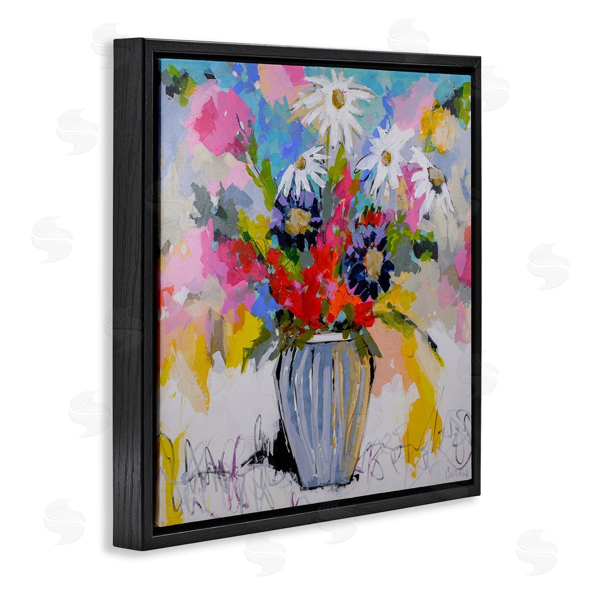 Bright Clustered Flowers Black Floating Frame Canvas Wall Art, Home Decor by Joan Curtis