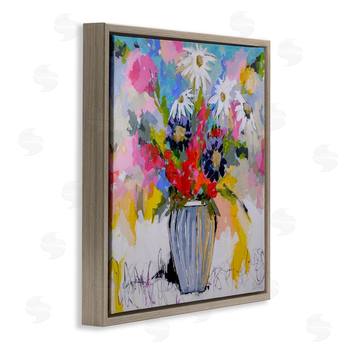 Bright Clustered Flowers Brown Floating Frame Canvas Wall Art, Home Decor by Joan Curtis