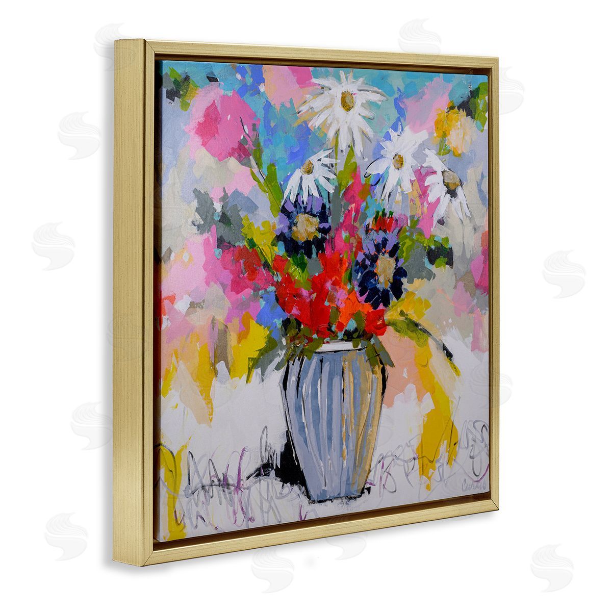 Bright Clustered Flowers Gold Floating Frame Canvas Wall Art, Home Decor by Joan Curtis