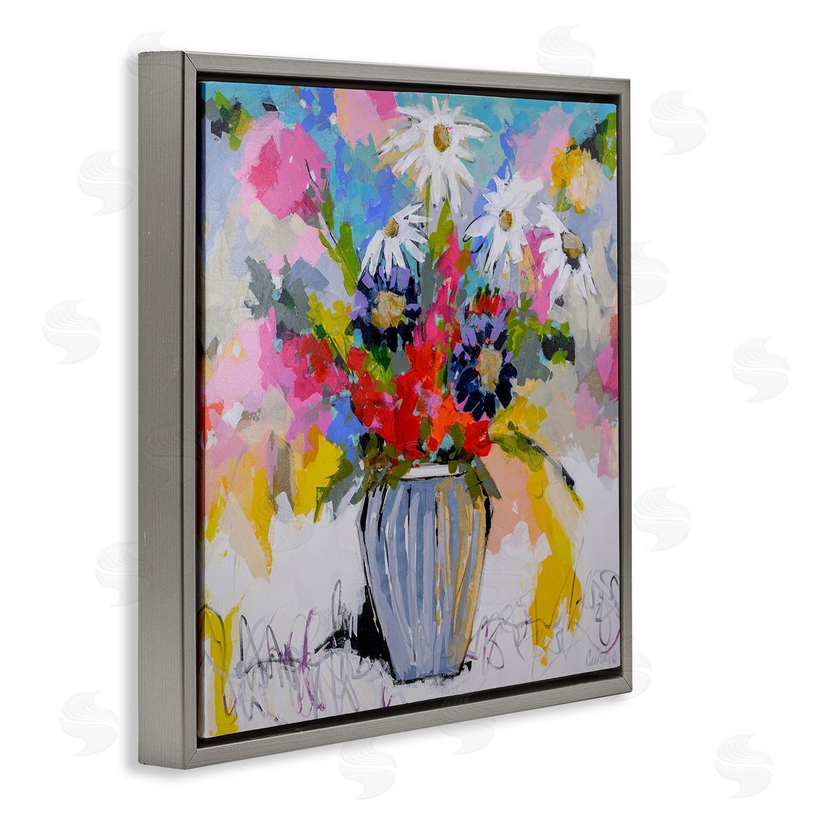 Bright Clustered Flowers Grey Floating Frame Canvas Wall Art, Home Decor by Joan Curtis