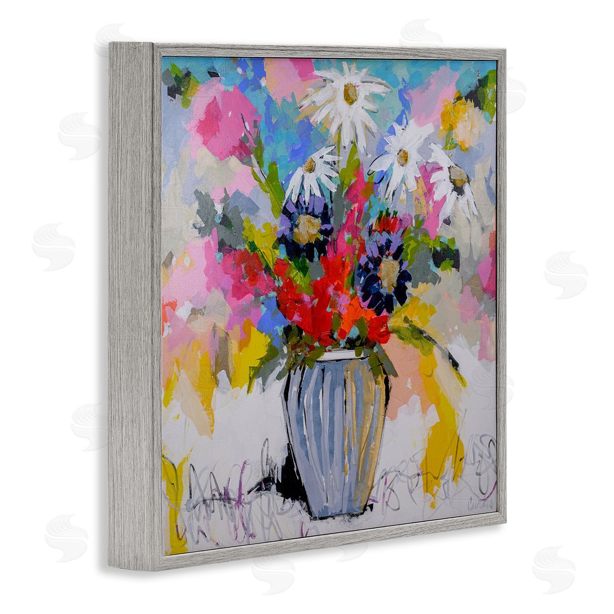 Bright Clustered Flowers Grey Frame Print Wall Art, Home Decor by Joan Curtis