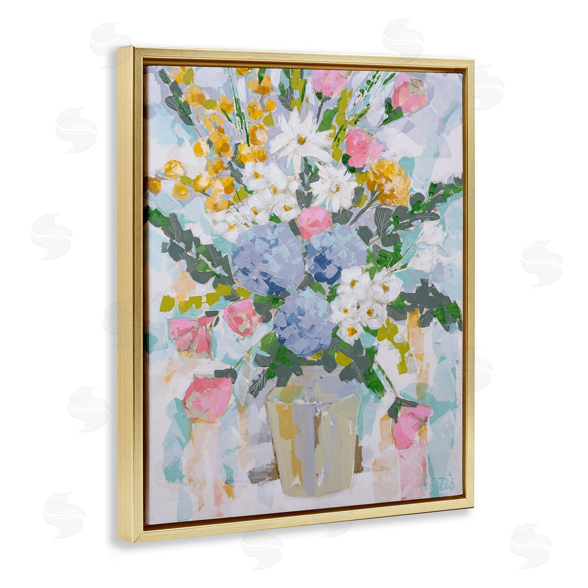 Pastel Abstract Bouquet Gold Floating Frame Canvas Wall Art, Home Decor by Joan Curtis