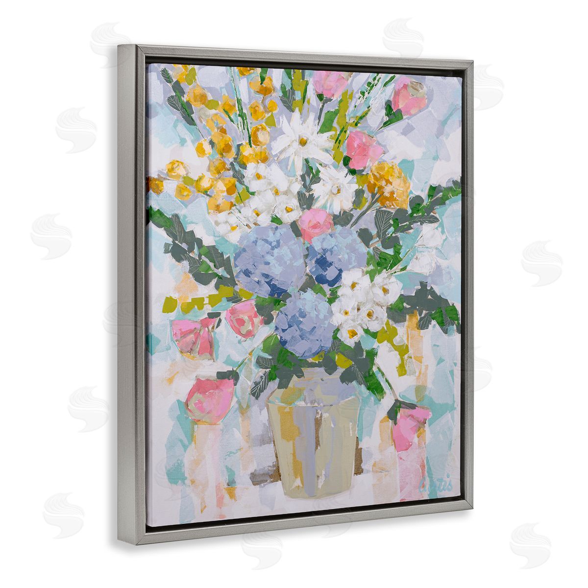 Pastel Abstract Bouquet Grey Floating Frame Canvas Wall Art, Home Decor by Joan Curtis