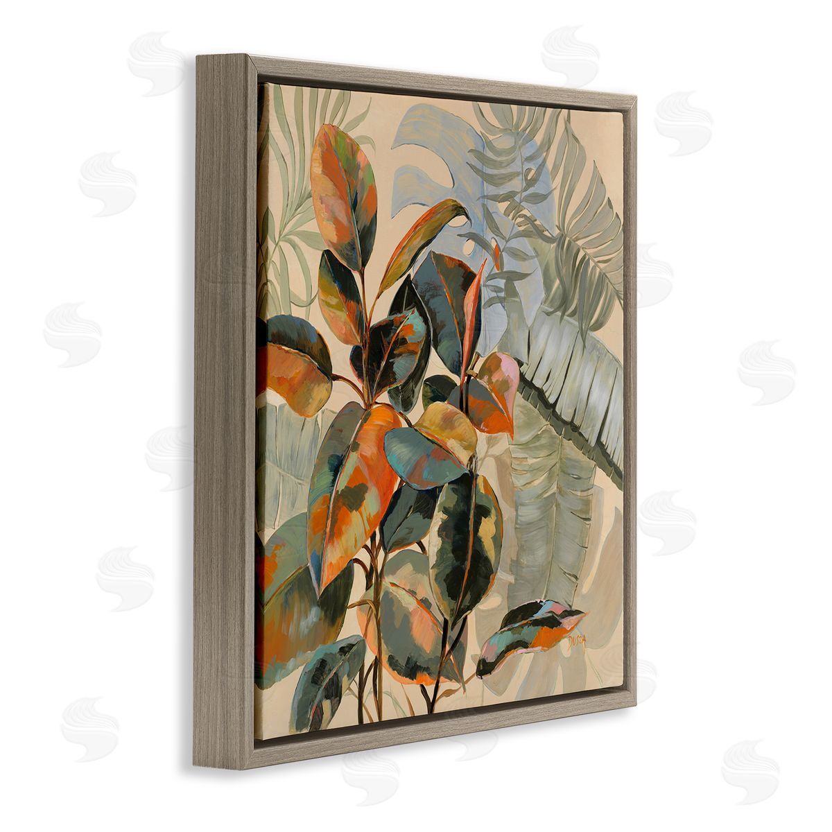Tropical Foliage Warmth Brown Floating Frame Canvas Wall Art, Home Decor by Dusza