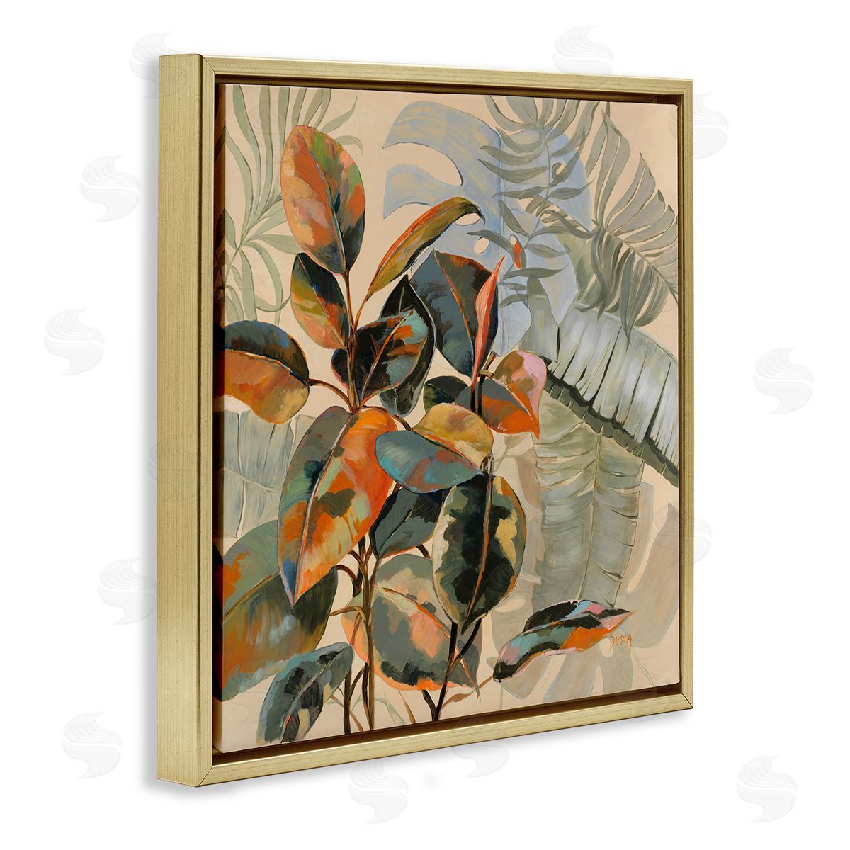 Tropical Foliage Warmth Gold Floating Frame Canvas Wall Art, Home Decor by Dusza