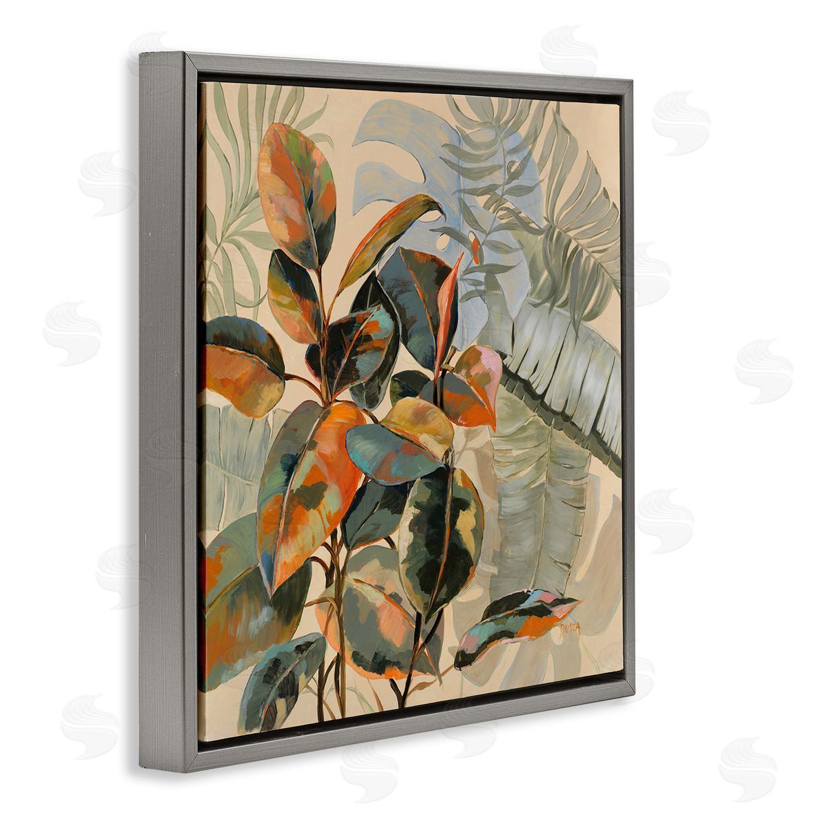 Tropical Foliage Warmth Grey Floating Frame Canvas Wall Art, Home Decor by Dusza