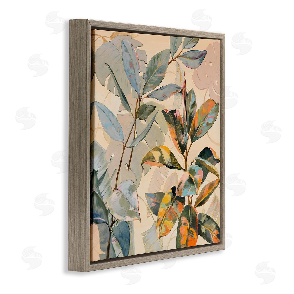 Tropical Leaves Warm Tones Brown Floating Frame Canvas Wall Art, Home Decor by Dusza